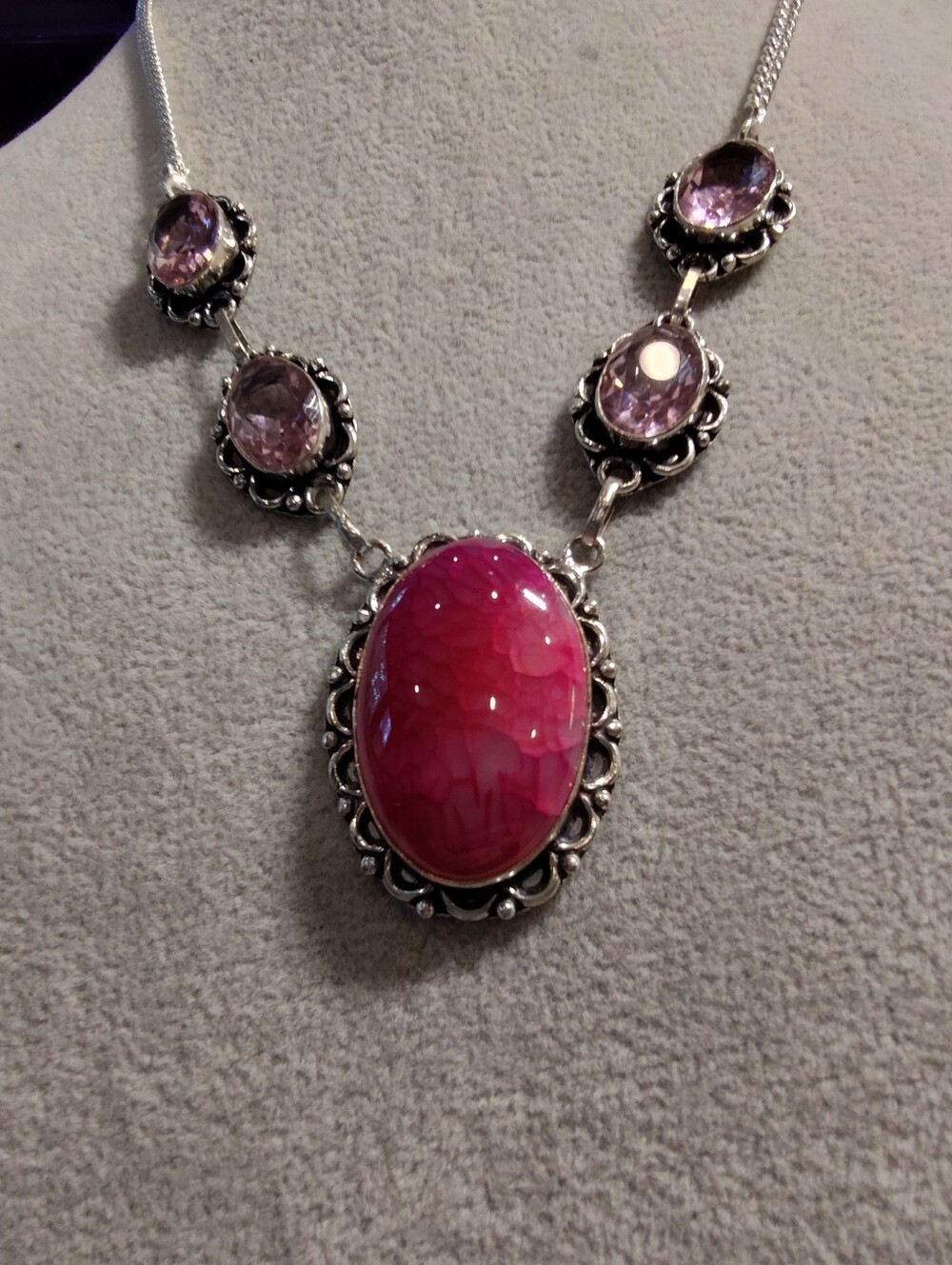 Dragon Vein Chalcedony 925 Sterling Necklace 4 Pink Faceted Glass Stones 24"